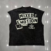 Mixed Emotion Washed Graphic Cut‑Off Sleeveless Tank Top