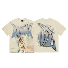 Mixed Emotion Cream Tee – Rhinestone Graffiti Angel Dove Print
