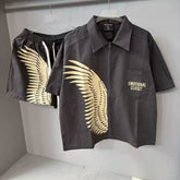 Mixed Emotion Wing Print Zip‑Up Shirt & Shorts 2‑Piece Set
