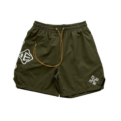 Rhude Cross Graphic Olive Green Nylon Shorts