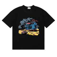 Rhude Tropical Beach Hut Palm Tree Retro Black Oversized T‑Shirt