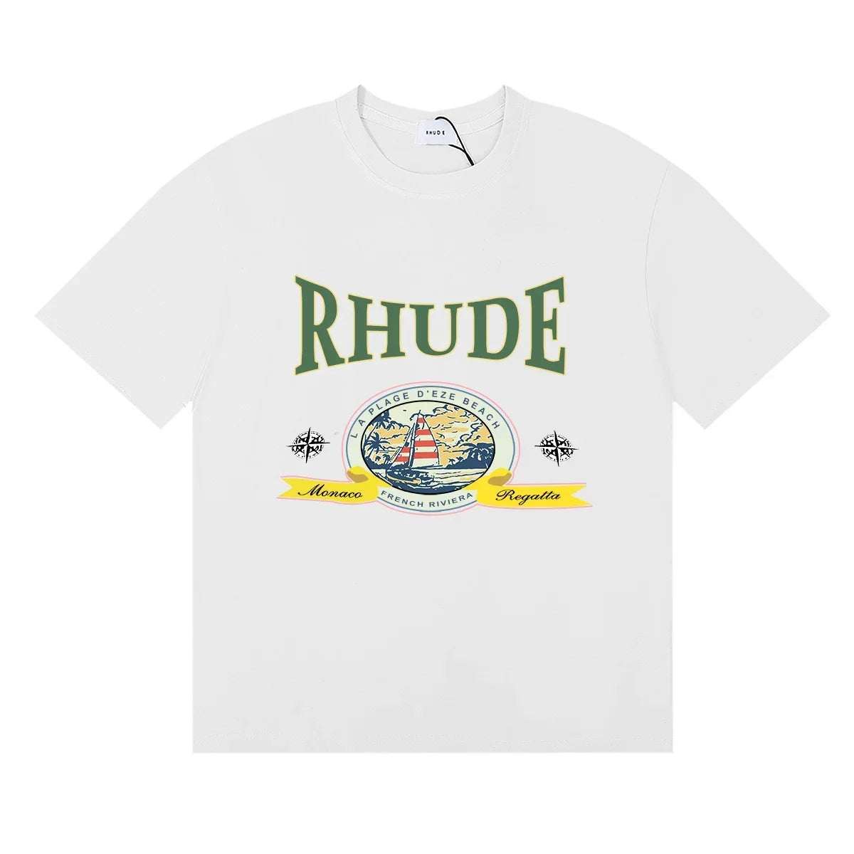 Rhude Retro Globe Badge Green Letter White Oversized T‑Shirt