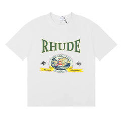 Rhude Retro Globe Badge Green Letter White Oversized T‑Shirt