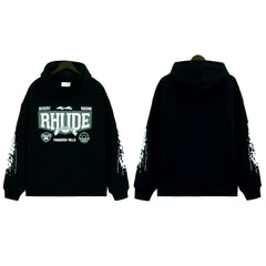 RHUDE Multi‑Badge Racing Sleeve Hoodie Black