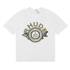 Rhude Ornate Crest Circular Emblem Vintage White Oversized T‑Shirt