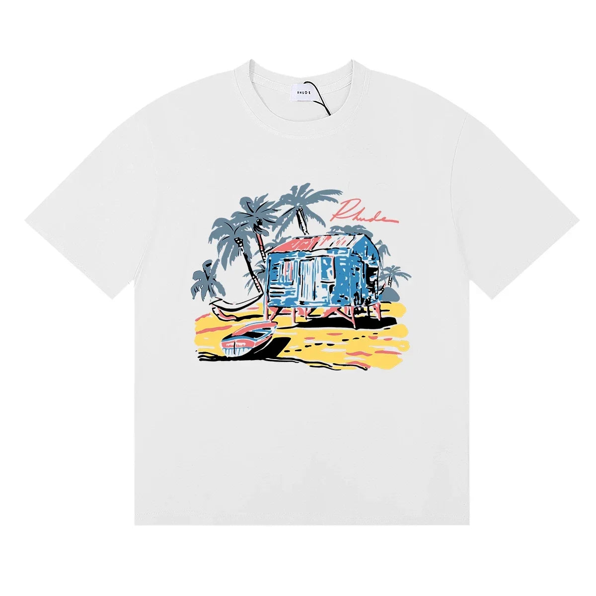 Rhude Tropical Beach Hut Palm Tree Retro White Oversized T‑Shirt