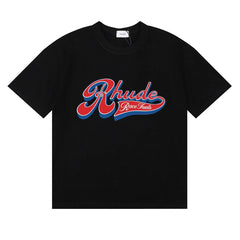 Rhude Retro Script Race Trust Logo Black Oversized T‑Shirt