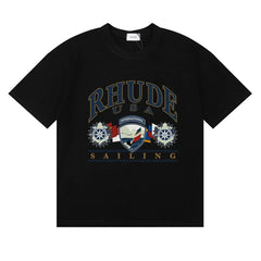 Rhude Arch Logo Sailing Wheel‑Flag Print Crew Neck Casual T‑Shirt