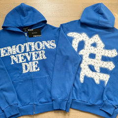 Mixed Emotion Blue Zip Hoodie – White Studded Emotions Never Die Print