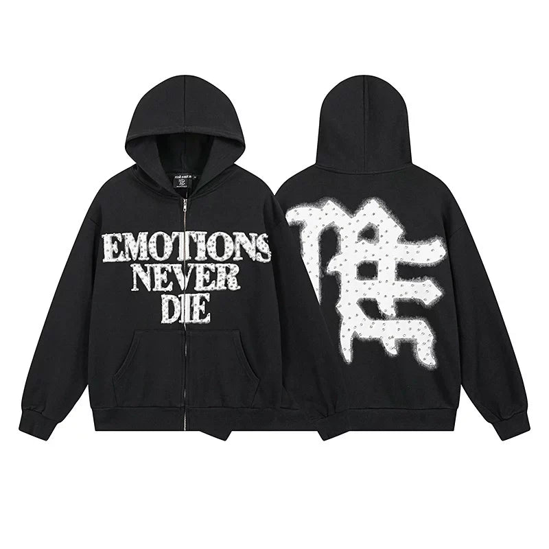Mixed Emotion Emotions Never Die Rhin‑Stone Zip‑Up Hoodie